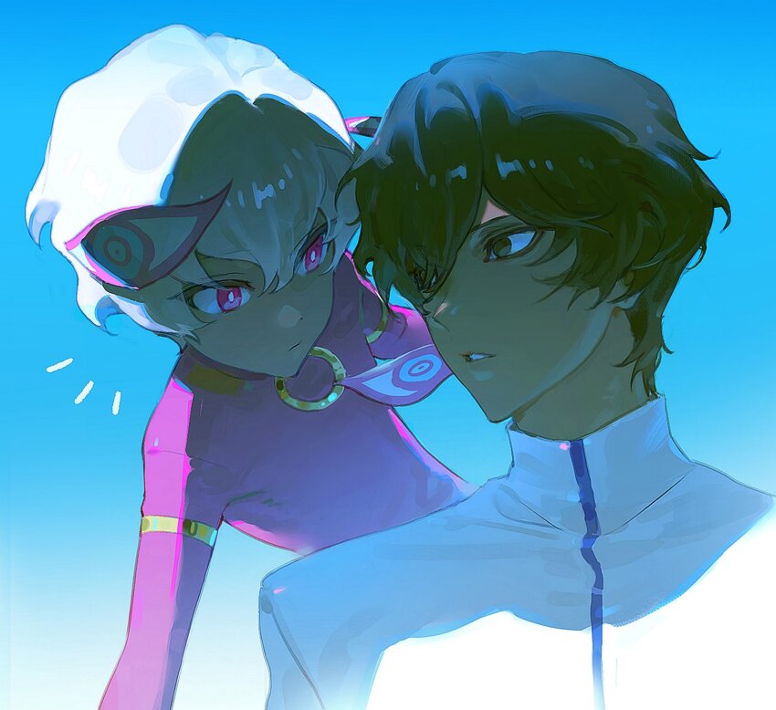 2boys arjuna_(fate) black_eyes black_hair bodysuit boy_vajra_(fate) dark-skinned_male dark_skin fate/grand_order fate_(series) gy0zax2 hair_between_eyes hair_ornament highres jewelry male_focus multiple_boys purple_bodysuit purple_eyes ring shadow shirt short_hair upper_body white_hair white_shirt