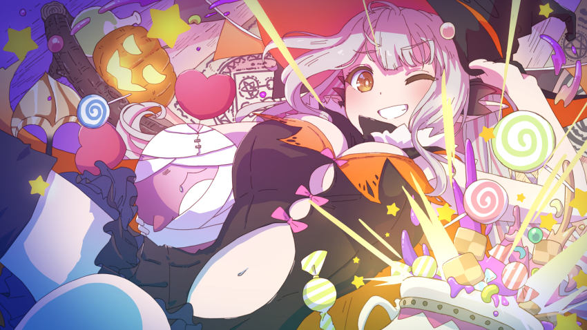 1girl ;d adjusting_clothes adjusting_headwear alternate_costume bare_arms bare_shoulders black_boots black_cape black_dress black_tail blush boots bow bow_button breasts brown_tail button_gap candy candy_wrapper cape checkerboard_cookie cleavage clothing_cutout commentary_request cookie cowboy_shot creature demon_girl demon_tail dress dutch_angle explosion food frilled_dress frills gradient_tail grey_hair grin halloween halloween_costume hat heart highres holding holding_creature indie_virtual_youtuber jack-o&#039;-lantern kagawa_yuusaku kanikama_(suou_patra) large_breasts lollipop long_pointy_ears looking_at_viewer multicolored_hair navel one_eye_closed open_mouth orange_cape orange_eyes pentagram pink_bow pink_hair pointy_ears potion pumpkin short_dress slime_(substance) smile solo star_(symbol) stomach stomach_cutout strapless strapless_dress streaked_hair suou_patra swirl_lollipop tail thigh_boots thighhighs twintails two-sided_cape two-sided_fabric virtual_youtuber witch witch_hat zettai_ryouiki