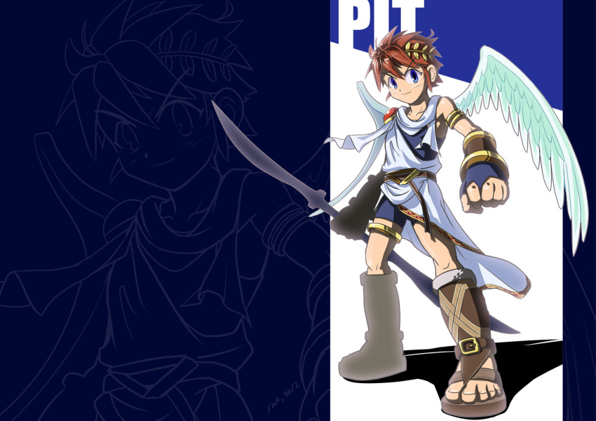 angel angel_wings bike_shorts bike_shorts_under_skirt black_shorts black_undershirt blue_eyes brown_hair brown_sandals character_name clenched_hand collarbone feathered_wings gold_armlet gold_thighlet holding holding_sword holding_weapon jewelry kid_icarus kid_icarus_uprising nintendo pit_(kid_icarus) pxl_(pxltw) retro_artstyle sandals shorts single_bare_shoulder smile spiked_hair sword thighlet toes v-shaped_eyebrows weapon white_wings wings