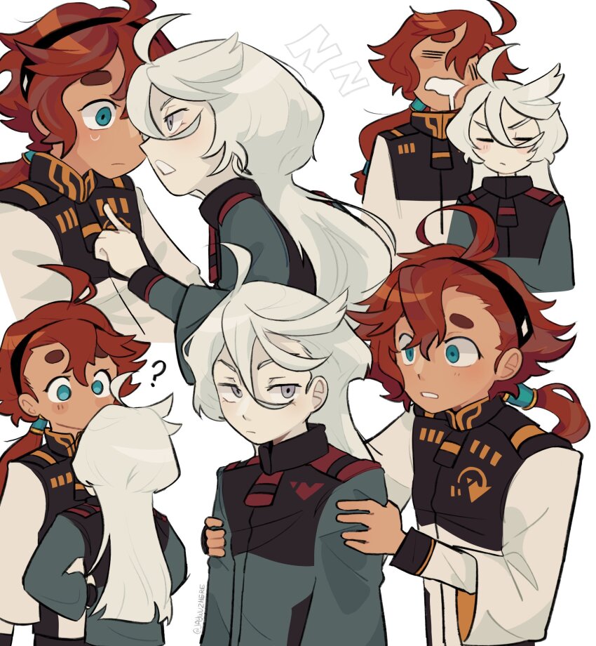 2girls =_= ? antenna_hair aqua_eyes artist_name asticassia_school_uniform black_hairband closed_eyes closed_mouth commentary dark-skinned_female dark_skin drooling english_commentary from_behind grey_jacket gundam gundam_suisei_no_majo hairband highres jacket jaywuzhere looking_at_another miorine_rembran multiple_girls multiple_views profile red_hair school_uniform simple_background suletta_mercury sweatdrop teeth twitter_username upper_body white_background white_hair