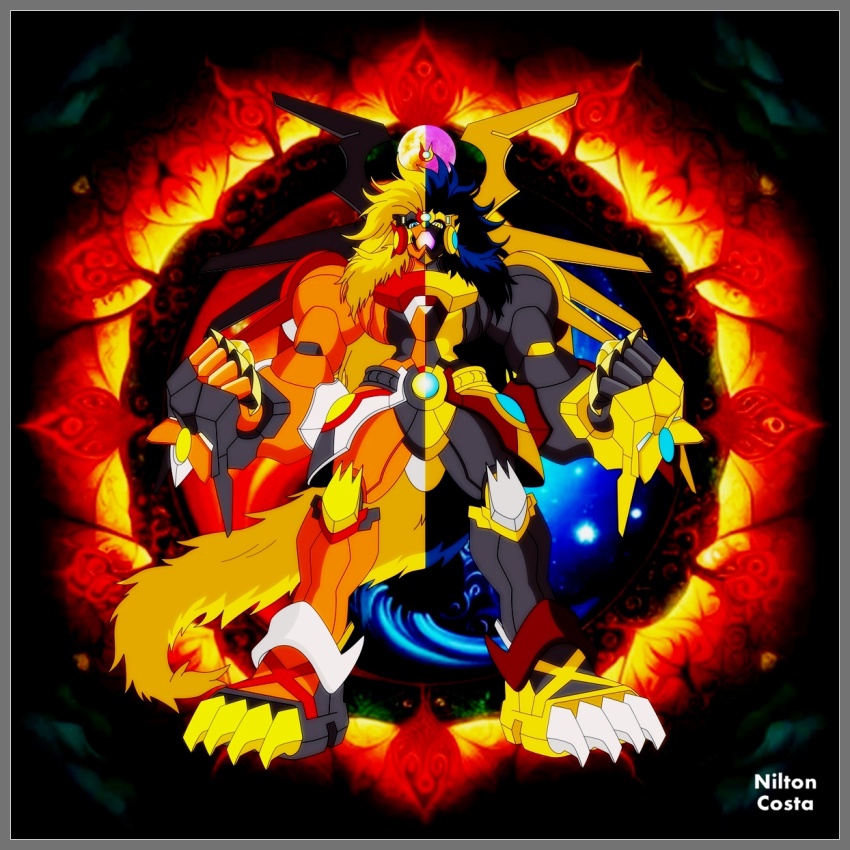 apollomon apollomon_whispered corruption digimon digimon_(creature) highres lion_boy long_hair looking_at_viewer