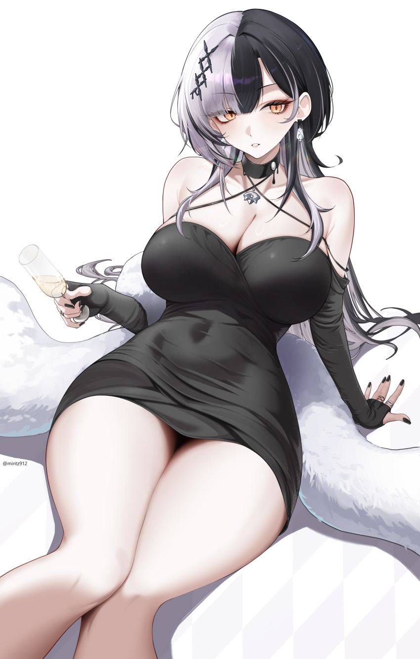 1girl absurdres black_choker black_dress black_hair black_nails breasts choker cleavage cup curvy dress earrings feather_boa hair_ornament highres holding holding_cup hololive hololive_english jewelry large_breasts leaning_back long_hair looking_at_viewer mintz912 multicolored_hair parted_lips shiori_novella simple_background sitting solo split-color_hair thighs two-tone_hair very_long_hair virtual_youtuber white_background white_hair wide_hips yellow_eyes