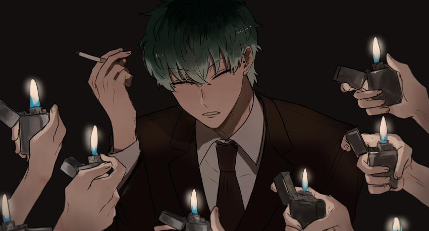 1boy 6+others :o aqua_hair black_background brown_necktie brown_suit closed_eyes collared_shirt crossed_bangs ear_piercing earrings formal_clothes gradient_hair hand_up highres holding holding_lighter hypnosis_mic jewelry lapels light_blush lighter lighting_cigarette long_sleeves male_focus multicolored_hair multiple_others necktie notched_lapels nurude_sasara parted_lips piercing portrait shirt short_hair solo_focus stud_earrings suit v-shaped_eyebrows white_shirt wispy_bangs zippo_lighter zy_(dondokodo-mu)