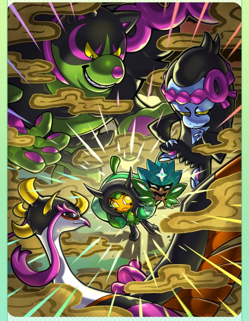 1girl 3boys :&lt; bird bread clenched_teeth closed_mouth fangs fezandipiti fine_art_parody flying food gen_9_pokemon glowing hidane_(natsume_hdn) highres holding holding_mask legendary_pokemon looking_at_another mask multiple_boys munkidori nihonga nintendo ogerpon ogerpon_(teal_mask) okidogi outdoors parody pecharunt pokemon pokemon_(creature) smile star-shaped_pupils star_(symbol) symbol-shaped_pupils teeth tongue ukiyo-e yellow_eyes