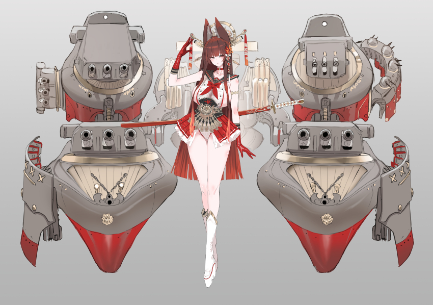 1girl absurdres animal_ears arm_up azur_lane bow breasts brown_hair choker commentary concept_art dishwasher1910 fox_ears fox_tail full_body gloves gradient_hair highres katana large_breasts leotard long_hair machinery multicolored_hair multiple_tails necktie original red_bow red_choker red_gloves red_hair red_serafuku rigging school_uniform serafuku sheath ship_turret sideboob skirt solo sword tail torpedo_launcher torpedo_tubes weapon