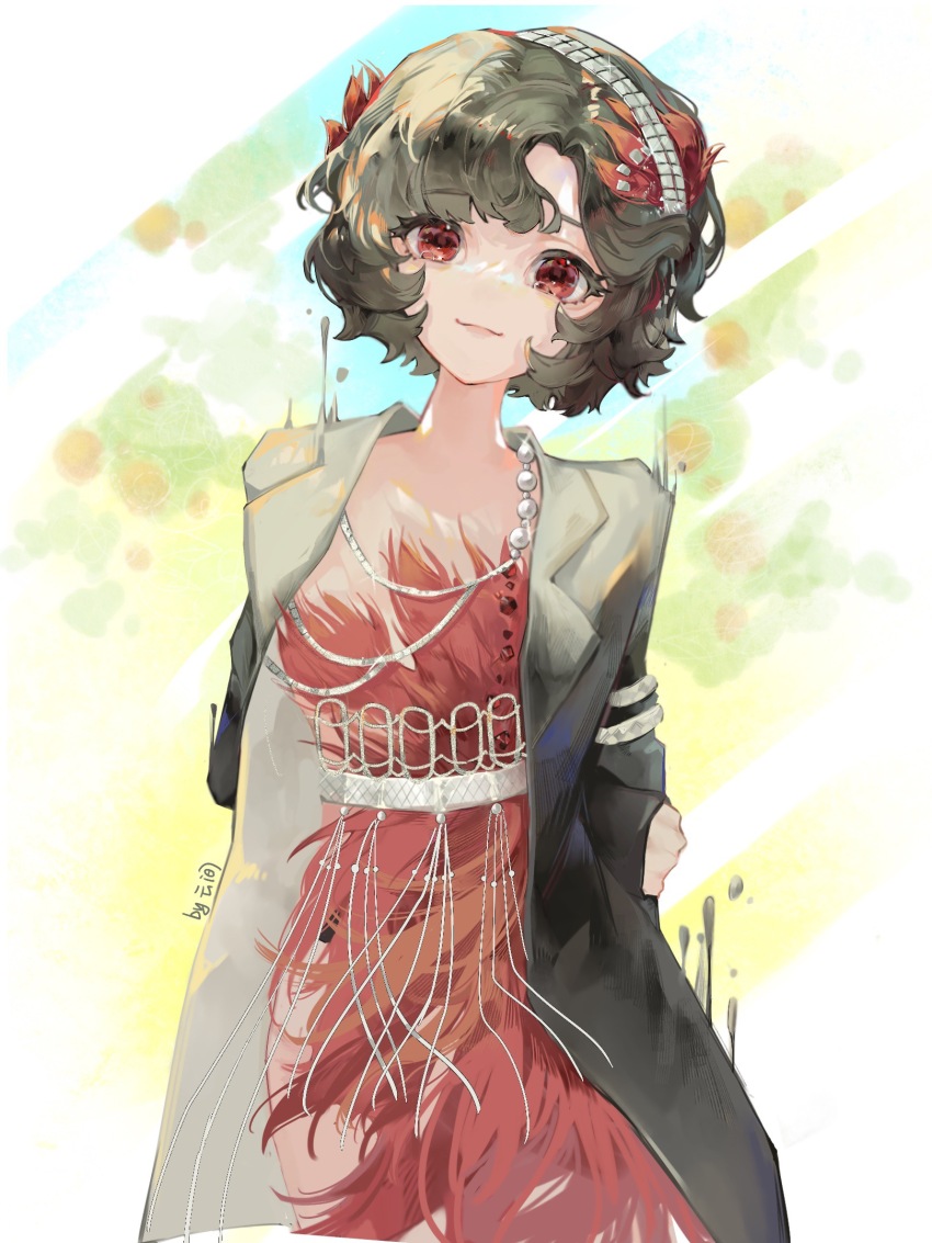 1girl arms_behind_back artist_name black_coat black_hair blurry blurry_background closed_mouth coat curly_hair dress feather_dress feather_hair_ornament feathers hair_ornament hairband hand_on_own_arm highres jewelry long_sleeves looking_at_viewer necklace orange_tree pearl_necklace red_dress red_eyes red_feathers reverse:1999 schneider_(reverse:1999) short_dress short_hair smile solo straight-on upper_body white_background white_hairband yun_jian_jian_jianbing