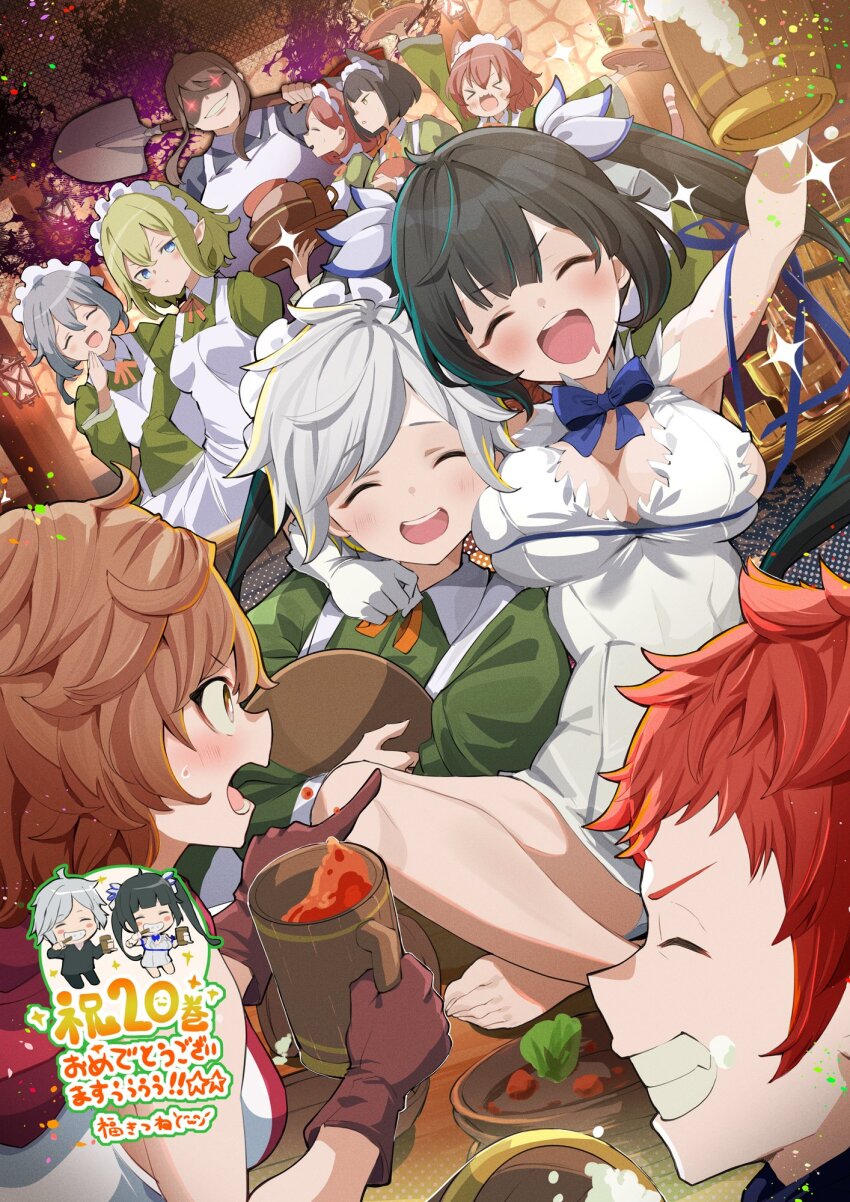 &gt;_&lt; 2boys 6+girls :d :t animal_ears anya_fromel apron arm_around_neck arm_up bell_cranel black_hair blue_bow blue_bowtie blue_eyes blue_ribbon blush bow bowtie breast_press breasts brown_eyes brown_gloves brown_hair can_to_cheek cat_ears cat_girl cheek_press chloe_rollo cleavage cleavage_cutout closed_eyes clothing_cutout collared_dress commentary_request crossdressing crossdressing_(mtf) cup dress drooling drunk dungeon_ni_deai_wo_motomeru_no_wa_machigatteiru_darou_ka elf fuku_kitsune_(fuku_fox) gloves green_dress green_hair grey_hair grin hand_up hestia_(danmachi) highres holding holding_cup holding_shovel holding_tray indian_style juliet_sleeves large_breasts liliruca_arde long_hair long_sleeves looking_at_another lunoire_faust maid_headdress mia_grand microdress mouth_drool multiple_boys multiple_girls neck_ribbon novel_illustration official_art on_table open_mouth orange_ribbon pointy_ears pout puffy_sleeves red_hair rei_no_himo ribbon ryu_lion second-party_source shaded_face short_hair shovel sitting sleeveless sleeveless_dress small_breasts smile sweatdrop syr_flover table tankard tight_clothes tight_dress tray twintails welf_crozzo white_apron white_dress white_gloves white_hair white_headdress xd