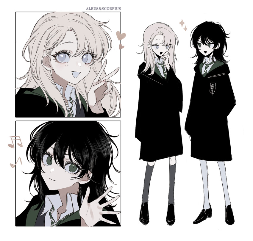 2girls :d albus_severus_potter arm_behind_back black_coat black_dress black_hair black_sweater blue_eyes character_name coat collared_shirt dress eye_contact genderswap genderswap_(mtf) green_eyes green_necktie grey_hair grey_thighhighs hand_up harry_potter_(series) harry_potter_and_the_cursed_child heart highres hogwarts_school_uniform loafers long_hair long_sleeves looking_at_another looking_at_viewer medium_hair multiple_girls multiple_views musical_note necktie open_mouth pantyhose school_uniform scorpius_malfoy shirt shoes simple_background slytherin smile sparkle standing star_(symbol) star_in_eye striped_necktie sweater symbol_in_eye thighhighs uchikaze v waving white_background white_pantyhose white_shirt wizarding_world