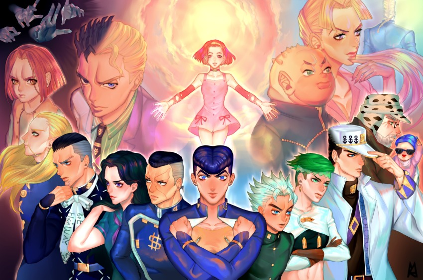 adjusting_clothes adjusting_headwear aqua_eyes arm_warmers baby bad_id bad_pixiv_id beard black_eyes black_hair blonde_hair blue_eyes blue_hair braid breasts brown_eyes brown_gloves brown_hair carrying choker cleavage coat collarbone crop_top crossed_arms diamond_wa_kudakenai disembodied_hand dress dual_persona earrings eyes_visible_through_hair facial_hair facial_mark formal_clothes fungami_yuya gakuran glasses gloves green_eyes green_hair grey_hair hairband hat hazekura_mikitaka higashikata_josuke highres hirose_koichi jewelry jojo_no_kimyou_na_bouken joseph_joestar joseph_joestar_(old) kawajiri_hayato kawajiri_kosaku kira_yoshikage kishibe_rohan kuujou_joutarou makura-mana midriff multicolored_hair navel necktie nijimura_keicho nijimura_okuyasu nose_piercing piercing pink_dress pink_eyes pink_hair pointy_ears pompadour purple_eyes school_uniform serafuku shizuka_joestar single_braid spiked_hair stud_earrings sugimoto_reimi suit sunglasses tsuji_aya turtleneck two-tone_hair vest wavy_hair yamagishi_yukako yangu_shigekiyo