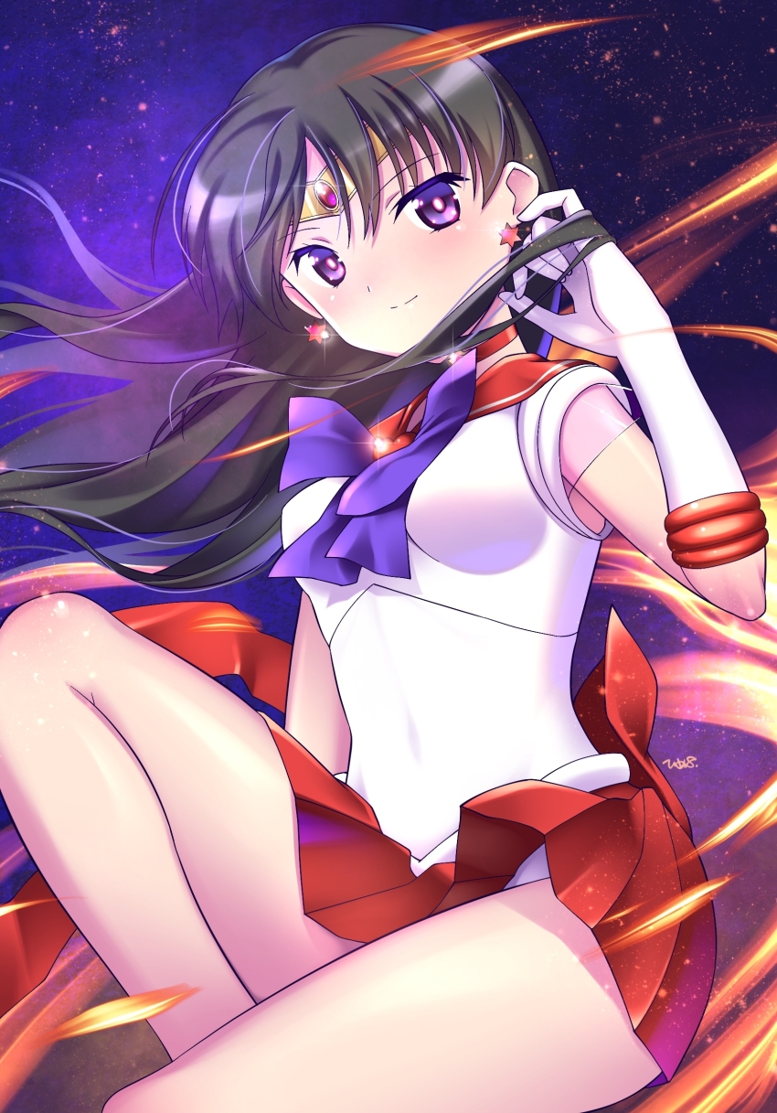 1girl bishoujo_senshi_sailor_moon black_hair bow breasts bright_pupils choker circlet closed_mouth covered_navel earrings elbow_gloves fire floating_hair gloves hand_up heart highres himehachi_(hime8manga) hino_rei jewelry long_hair magical_girl medium_breasts miniskirt pleated_skirt purple_bow purple_eyes red_choker red_sailor_collar red_skirt sailor_collar sailor_mars sailor_senshi_uniform shirt skirt sleeveless sleeveless_shirt smile solo split_mouth star_(symbol) star_choker super_sailor_mars white_gloves white_pupils white_shirt