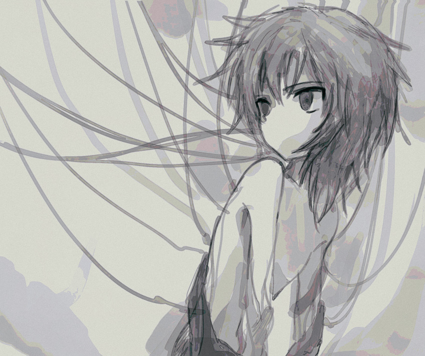 1other androgynous atoymk cable commentary empty_eyes film_grain greyscale highres korean_commentary kurohebi len&#039;en medium_hair monochrome no_headband no_mouth no_nipples other_focus sketch solo topless_other upper_body