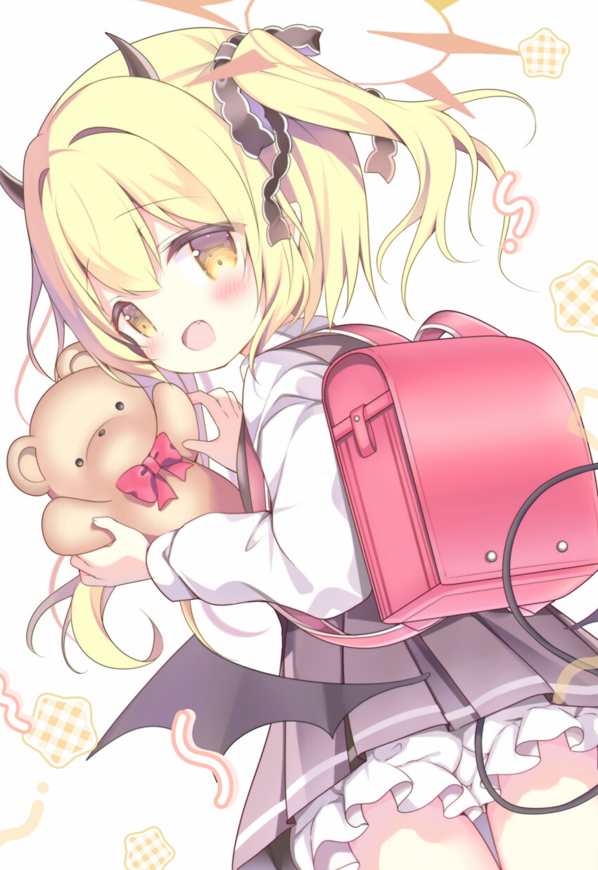1girl :d azumi_kazuki backpack bag black_bow black_wings blonde_hair bloomers blue_archive blush bow commentary_request demon_girl demon_horns demon_tail demon_wings dutch_angle frills grey_skirt hair_between_eyes hair_bow halo highres holding holding_stuffed_toy horns ibuki_(blue_archive) looking_at_viewer looking_back open_mouth orange_eyes pleated_skirt randoseru simple_background skirt smile solo stuffed_animal stuffed_toy tail teddy_bear twintails underwear white_background white_bloomers wings