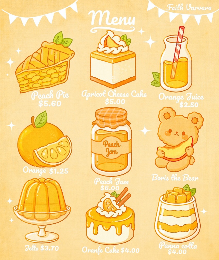 artist_name bear black_eyes blush_stickers bowl cake cheesecake cinnamon_stick closed_mouth commentary drinking_straw english_commentary english_text faith_varvara food food_focus frown fruit garland_(decoration) gelatin glass glass_bowl highres holding holding_food holding_fruit jam jar juice leaf mandarin_orange menu no_humans orange_(fruit) orange_background orange_juice orange_slice orange_theme original oversized_food oversized_object pannacotta peach peach_slice pie pie_slice price simple_background solid_circle_eyes sparkle