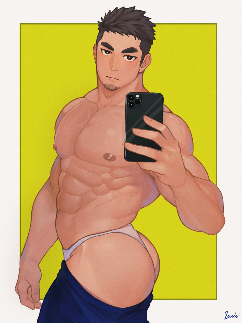 1boy abs absurdres ass bara beard blue_pants border brown_hair cellphone closed_mouth cowboy_shot expressionless facial_hair goatee_stubble highres holding holding_phone louis_tjxx male_focus muscular muscular_male nipples original pants pectorals phone signature smartphone solo stubble sweatdrop white_border yellow_background
