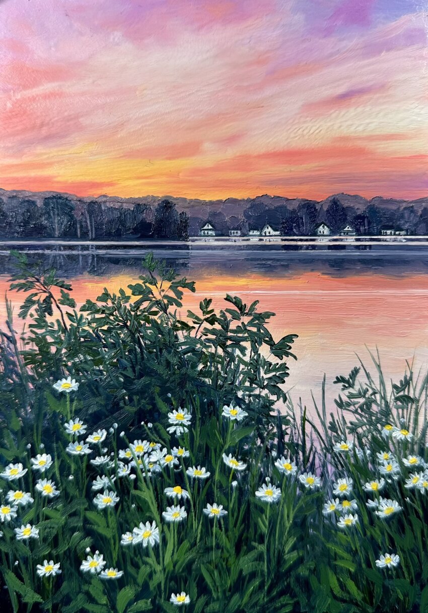 blue_sky building cloud cloudy_sky commentary english_commentary flower gradient_sky highres kate_avery lake no_humans oil_painting_(medium) original outdoors painting_(medium) purple_sky real_world_location reflection reflective_water scenery sky traditional_media twilight water white_flower