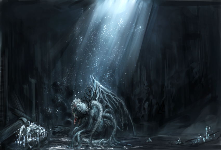 alien bloodborne cave commentary_request ebrietas_daughter_of_the_cosmos eldritch_abomination flower from_side issun_boushi_(taku37taku) light_particles monster moonlight no_humans plant scenery solo teeth tentacles wings