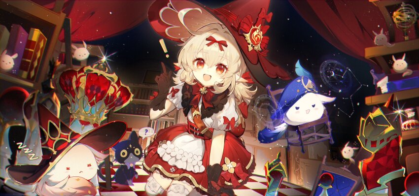 ! 1girl ahoge alice_(genshin_impact) black_cape blonde_hair bow bowtie brown_gloves cape commentary dodoco_(genshin_impact) gem genshin_impact gloves hair_between_eyes hair_ribbon hat hat_bow high-waist_skirt highres klee_(blossoming_starlight)_(genshin_impact) klee_(genshin_impact) kneeling long_hair looking_at_viewer official_alternate_costume open_mouth pointy_ears pyro_symbol_(genshin_impact) qianqianjie red_bow red_bowtie red_eyes red_gemstone red_hat red_ribbon red_skirt ribbon shirt short_sleeves skirt thighhighs vision_(genshin_impact) white_shirt white_thighhighs witch_hat zzz
