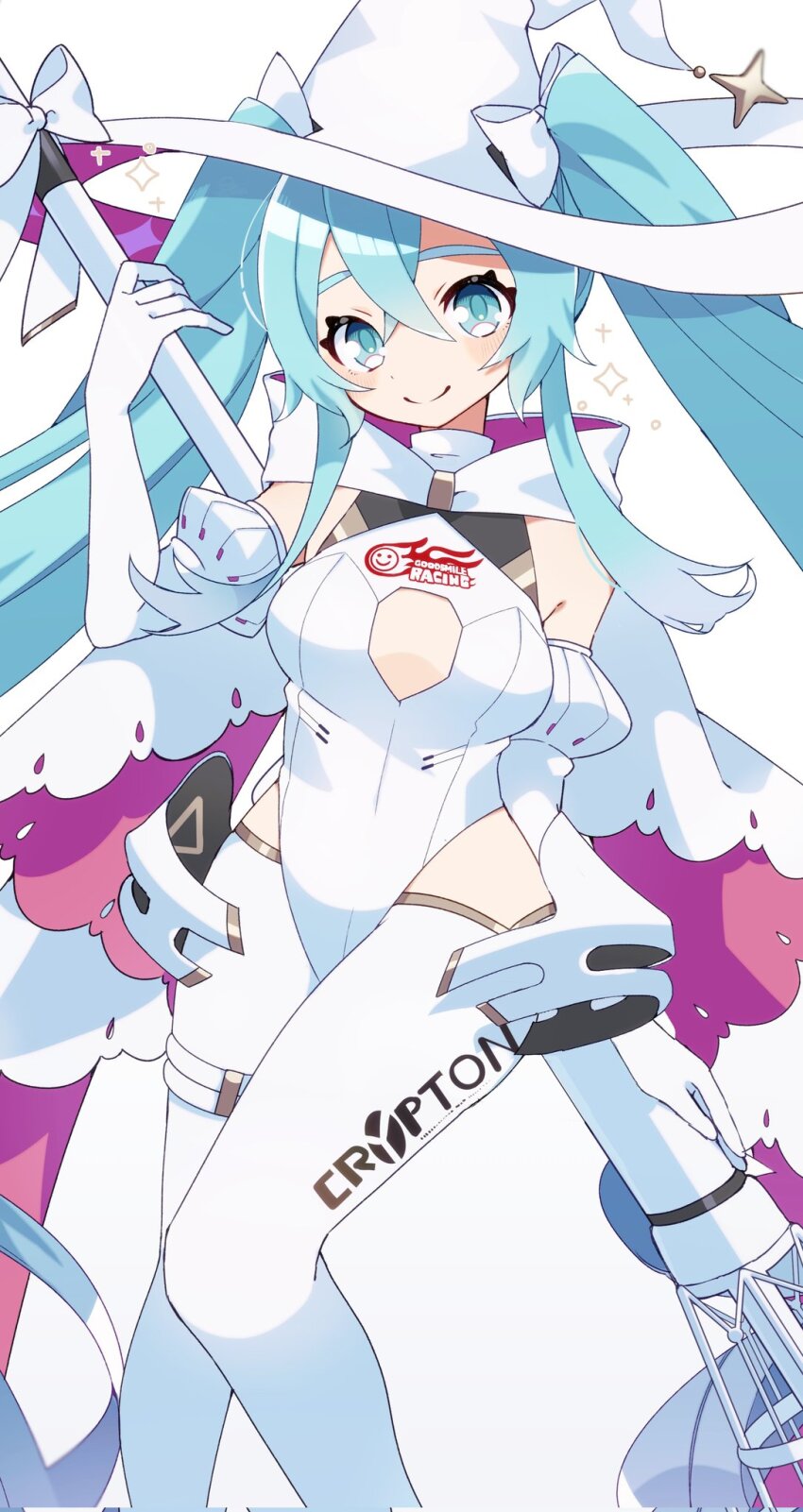 1girl aqua_eyes aqua_hair broom cape cleavage_cutout clothing_cutout commentary company_name corrupted_twitter_file elbow_gloves feet_out_of_frame flame_print gloves gold_trim goodsmile_racing hand_up hat hatsune_miku highres hip_gear holding holding_behind_back holding_broom kusunokimizuha leotard logo long_hair looking_at_viewer mechanical_broom racing_miku racing_miku_(2024) smile smiley_face solo thighhighs twintails vocaloid white_background white_gloves white_hat white_thighhighs witch_hat