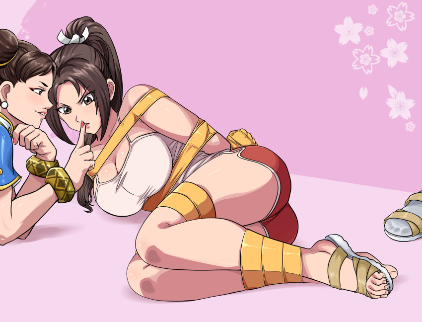 2girls absurdres ass bdsm bondage bound breasts brown_eyes brown_hair capcom chun-li cleavage fatal_fury female_focus highres legs lost_one_zero multiple_girls shiranui_mai solo_focus street_fighter street_fighter_6 the_king_of_fighters thighs