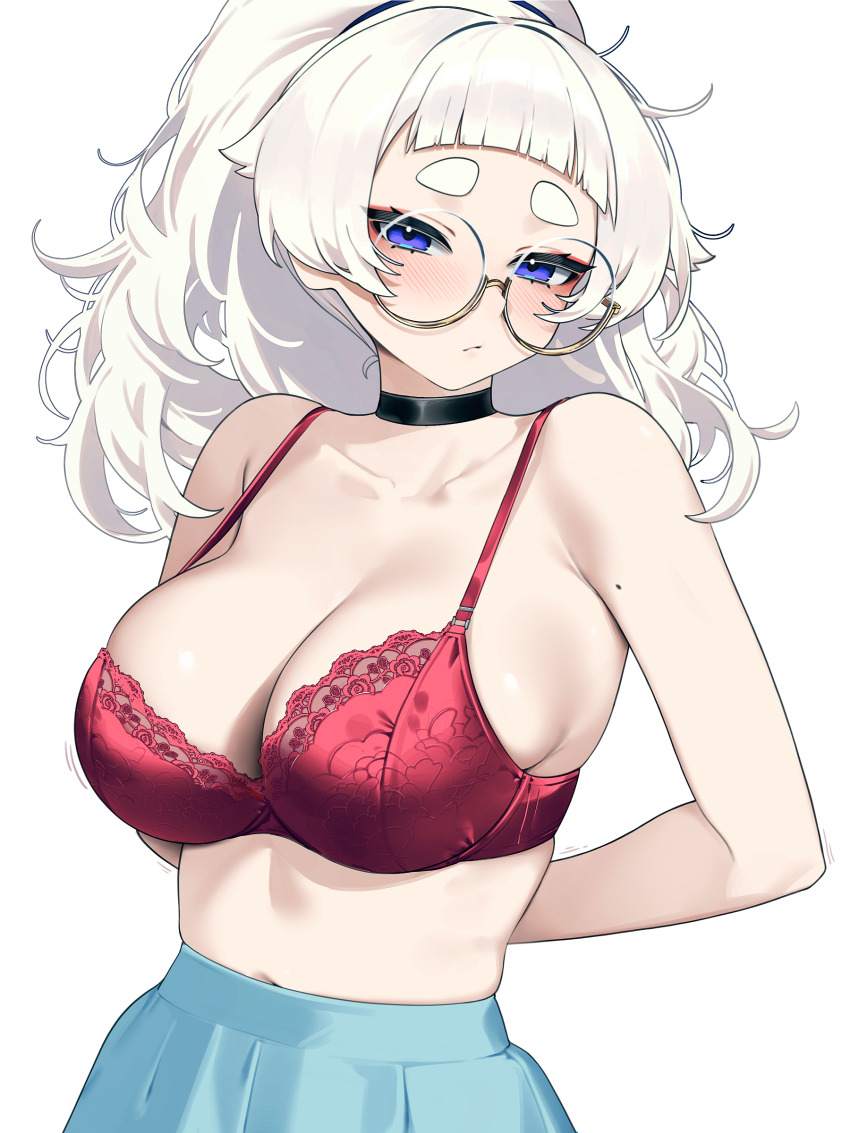 1girl absurdres arms_behind_back bare_shoulders black_choker blue_eyes blue_skirt blunt_bangs bra breasts choker cleavage closed_mouth collarbone commentary glasses highres large_breasts looking_at_viewer meg_(wakamepiza) mole mole_on_arm original pleated_skirt ponytail red_bra round_eyewear simple_background skirt solo symbol-only_commentary thick_eyebrows underwear wakamepiza white_background white_hair