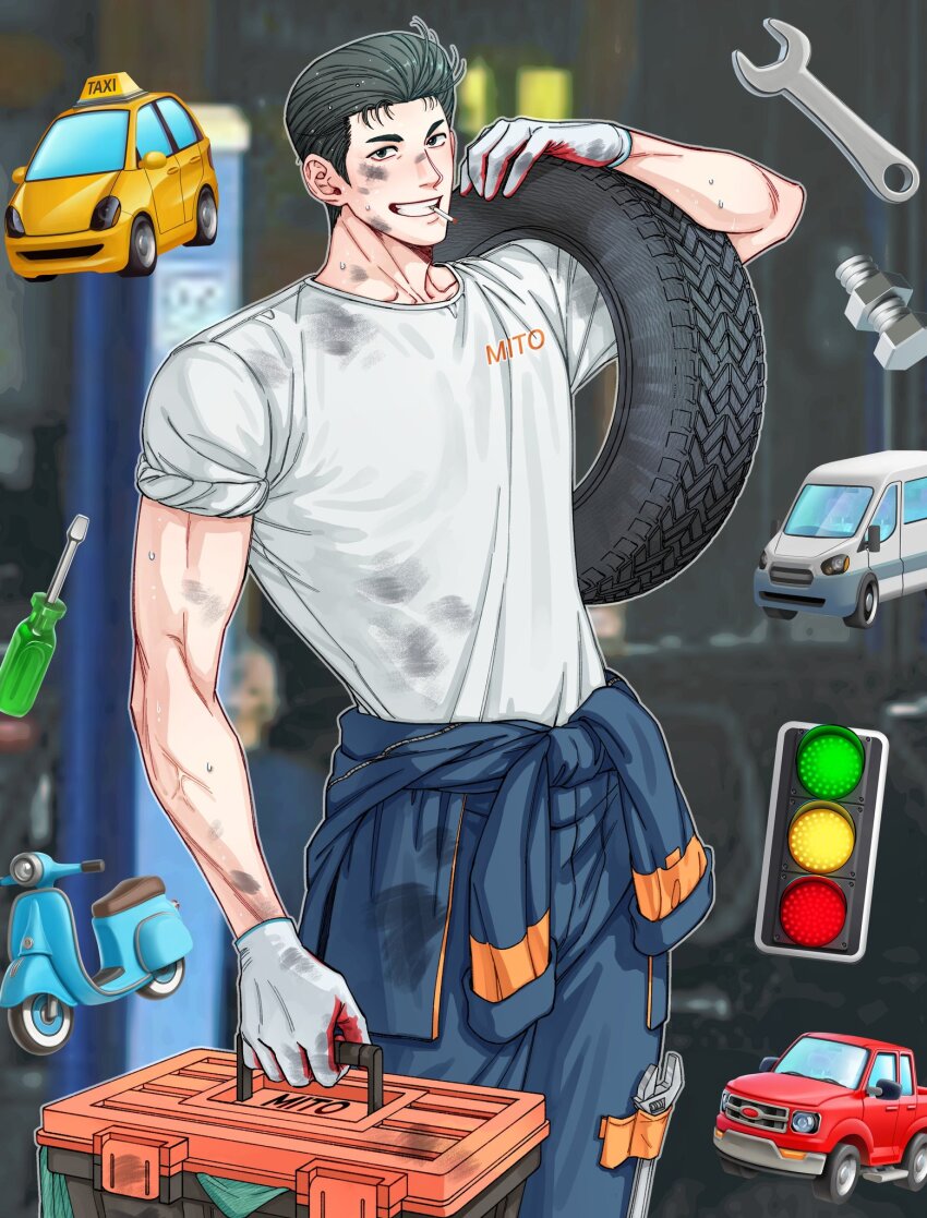 168broccoli 1boy black_eyes black_hair blue_jumpsuit bolt_(hardware) carrying_over_shoulder cigarette cowboy_shot dirty dirty_clothes dirty_face gloves highres jumpsuit male_focus mechanic mito_youhei mouth_hold pompadour screwdriver slam_dunk_(series) sleeves_rolled_up smile solo sweat taxi toolbox traffic_light unused_tire white_gloves wrench