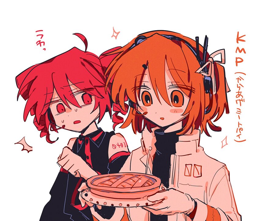 2girls a.i._voice adachi_rei ahoge arm_tattoo bare_shoulders black_shirt blush_stickers coat collared_shirt detached_sleeves drill_hair food gloves hair_between_eyes hair_ribbon headphones highres holding holding_plate kajuu_(maimai_maimaa) kasane_teto kasane_teto_(utau) long_sleeves multiple_girls nervous_sweating open_mouth orange_eyes orange_hair pie plate red_eyes red_hair ribbon shirt simple_background sleeveless sleeveless_shirt smile sparkle sweat tattoo translation_request twin_drills upper_body utau white_background white_coat white_gloves
