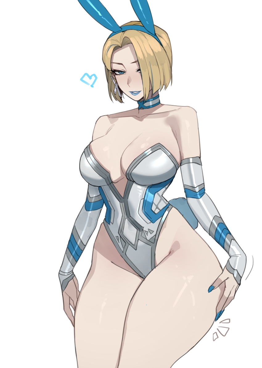 1girl absurdres animal_ears bare_shoulders blonde_hair blue_eyes blue_lips blue_nails breasts choker collarbone cowboy_shot elbow_gloves emma_frost fake_animal_ears fingerless_gloves fingernails gloves groin heart highleg highleg_leotard highres large_breasts leotard long_fingernails marvel marvel_rivals parted_lips playboy_bunny rabbit_ears rabbit_tail ratatatat74 short_hair simple_background skindentation smile solo strapless strapless_leotard tail teeth thick_thighs thighs white_background wide_hips x-men