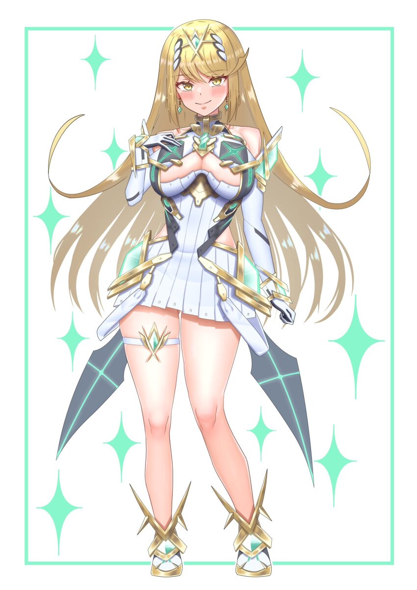 1girl bare_shoulders blonde_hair blush breasts chest_jewel cleavage core_crystal_(xenoblade) dress earrings full_body highres jewelry large_breasts long_hair meipasuye mythra_(xenoblade) short_dress simple_background solo sparkle thighhighs tiara white_background white_dress xenoblade_chronicles_(series) xenoblade_chronicles_2 yellow_eyes
