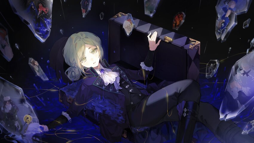 1girl absurdres anjo_nala apple_(reverse:1999) arcana_(reverse:1999) ascot black_boots black_coat black_hat black_pants black_vest blue_liquid boater_hat boots box coat collared_shirt dark_background feet_out_of_frame glass_shard grey_eyes grey_hair hair_bun hand_up hat highres in_box in_container looking_at_viewer lopera_(reverse:1999) lying moldir_(reverse:1999) ms._grace_(reverse:1999) on_back open_suitcase pants parted_lips reverse:1999 romance_way shirt single_side_bun solo sophia_(manus_vindictae)_(reverse:1999) sophia_(reverse:1999) string ulrich_(reverse:1999) unworn_hat unworn_headwear vest white_ascot white_shirt