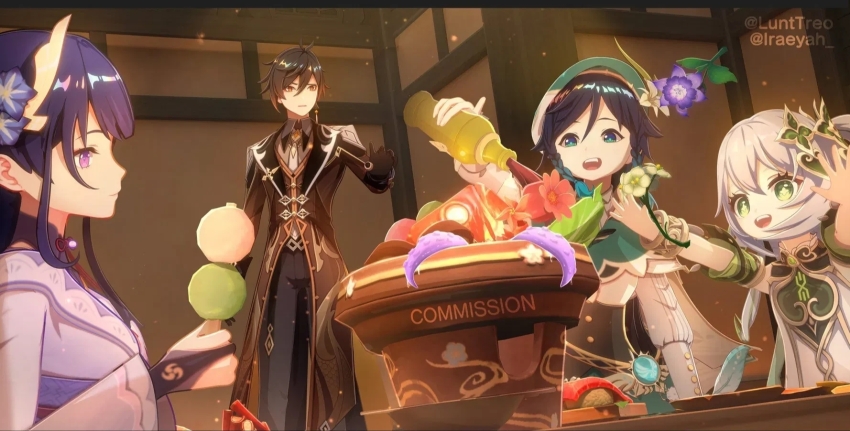 2boys 2girls alcohol food genshin_impact highres hotpot hoyolab multiple_boys multiple_girls nahida_(genshin_impact) raiden_shogun venti_(genshin_impact) zhongli_(genshin_impact)