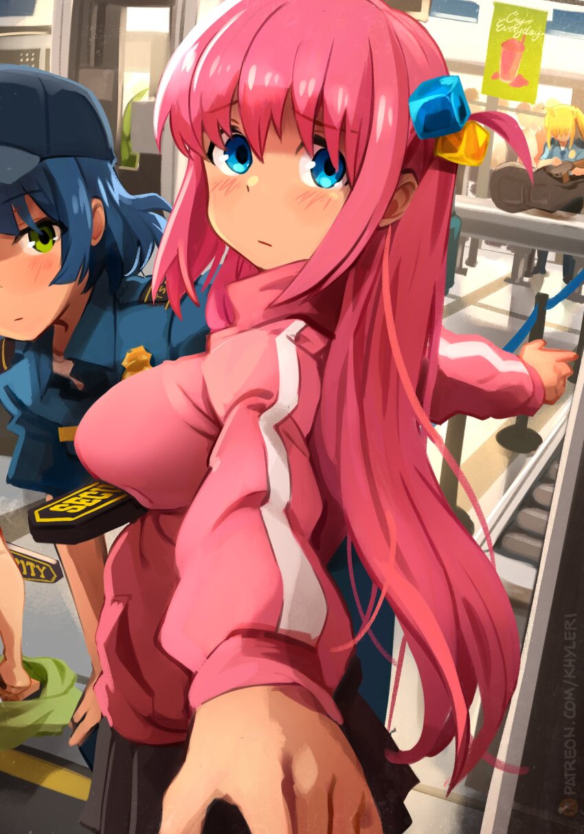 3girls absurdres airport assault_rifle black_skirt blonde_hair blue_eyes blue_hair blush bocchi_the_rock! breast_lift breasts closed_mouth clothes_pull commentary english_commentary gotoh_hitori green_eyes gun hair_ornament hat highres ijichi_nijika inspecting jacket khyle. large_breasts long_hair looking_at_viewer looking_to_the_side metal_detector multiple_girls pink_hair pink_jacket rifle security_guard short_hair side_ponytail skirt track_jacket weapon yamada_ryo