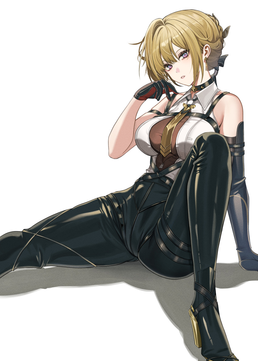 1girl absurdres ahab_(kced) asymmetrical_gloves bare_shoulders black_choker black_gloves black_pants blonde_hair breasts choker collared_shirt commentary earrings elbow_gloves evelyn_chevalier gloves hand_up high-waist_pants highres jewelry knee_up large_breasts latex_pants looking_at_viewer necktie no_jacket pants parted_lips purple_eyes ring_hair_ornament shirt short_hair simple_background single_elbow_glove sitting solo tight_clothes tight_pants uneven_gloves white_background white_shirt wing_collar yellow_necktie zenless_zone_zero