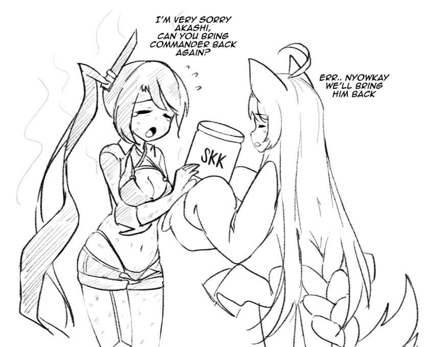 2girls ahoge akashi_(azur_lane) animal_ears azur_lane bikini breasts cat_ears english_text flying_sweatdrops garter_straps holding holding_jar jar long_hair long_sleeves medium_breasts monochrome multiple_girls navel open_mouth parallelrey portland_(azur_lane) short_shorts shorts sleeves_past_fingers sleeves_past_wrists swimsuit tearing_up very_long_hair