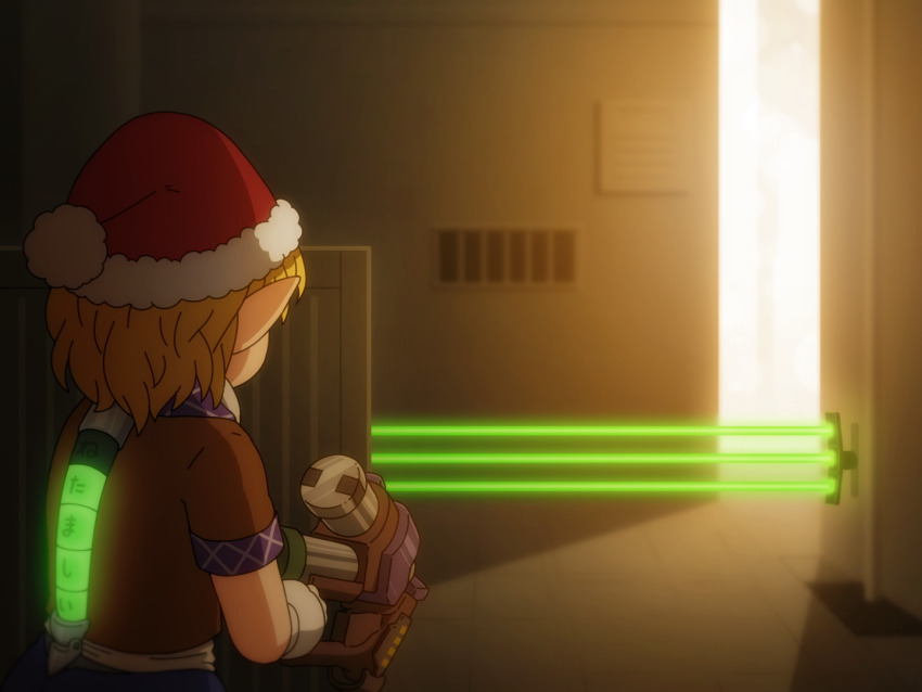 1girl blonde_hair blue_skirt blurry blurry_background brown_jacket christmas commentary_request dead_space depth_of_field fur-trimmed_headwear fur_trim gloves glowing hat holding indoors jacket laser mizuhashi_parsee pointy_ears red_hat santa_hat shirosato short_sleeves skirt solo touhou translation_request white_gloves