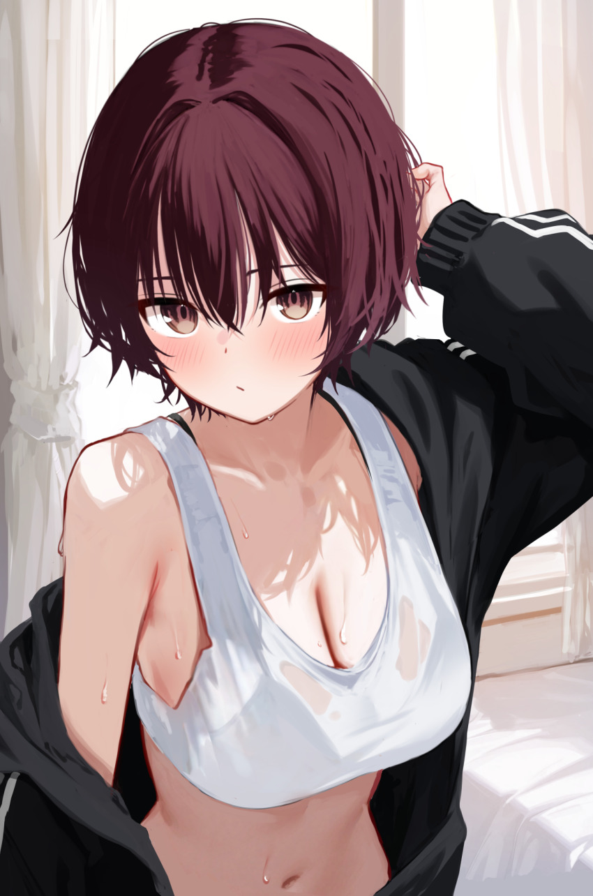 1girl black_jacket blush breasts brown_eyes brown_hair cleavage closed_mouth commentary_request hair_between_eyes highres jacket large_breasts long_hair long_sleeves looking_at_viewer memekko navel open_clothes open_jacket original see-through_clothes see-through_shirt shirt short_hair solo sweat upper_body