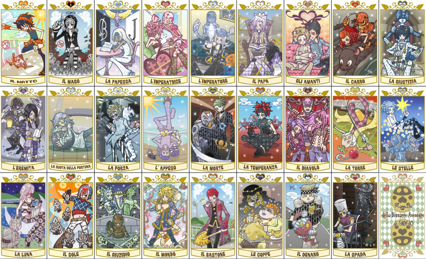1girl 6+boys aerosmith_(stand) baby_face_(stand) beach_boy_(stand) black_sabbath_(stand) bruno_bucciarati card_(medium) chariot_requiem cioccolata clash_(stand) coco_jumbo diavolo everyone formaggio gelato_(jojo) ghiaccio giorno_giovanna gold_experience green_day_(stand) guido_mista highres illuso italian_text jean_pierre_polnareff jojo_no_kimyou_na_bouken king_crimson_(stand) kraftwerk_(stand) leone_abbacchio little_feat_(stand) luca_(jojo) luka_(jojo) man_in_the_mirror_(stand) mario_zucchero melone metallica_(stand) mikey moody_blues_(stand) mouse_(animal) multiple_boys narancia_ghirga notorious_b.i.g._(stand) oasis_(stand) pannacotta_fugo pesci polpo prosciutto purple_haze_(stand) risotto_nero rolling_stone_(stand) rolling_stones_(stand) sale_(jojo) scolippi secco sex_pistols_(stand) shovel soft_machine sorbet_(jojo) spice_girl_(stand) squalo stand_(jojo) sticky_fingers_(stand) talking_head_(stand) talking_heads_(stand) tarot tarot_(medium) the_grateful_dead_(stand) tiziano trish_una vento_aureo vinegar_doppio wheelchair worktool