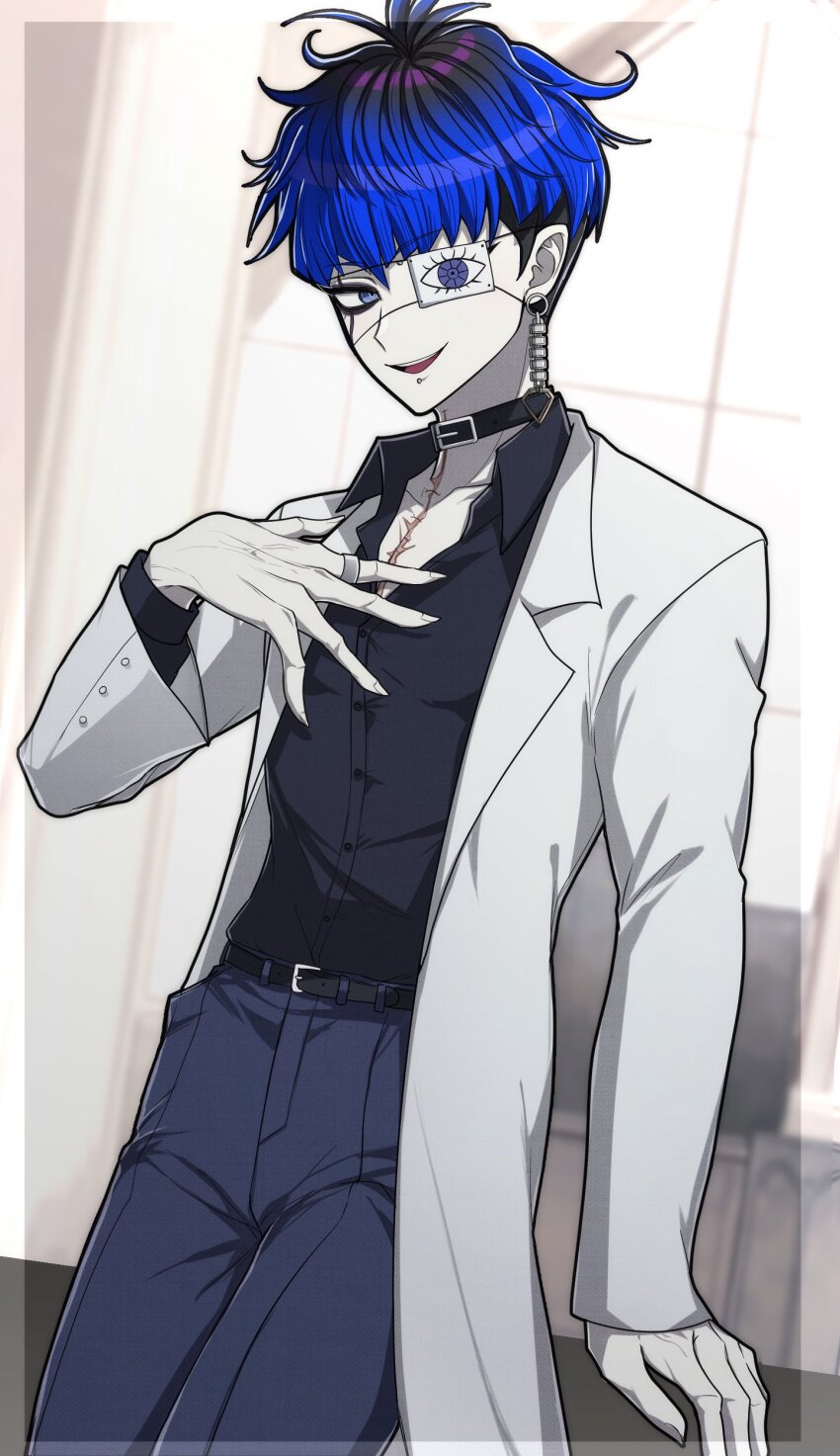 1boy absurdres alternate_costume belt black_hair black_shirt blue_eyes blue_hair blue_pants bridge_piercing collar collarbone ear_piercing eyepatch face_piercing fingerless_gloves gloves hand_up highres lab_coat lip_piercing long_sleeves looking_at_viewer male_focus messy_hair multicolored_hair omokage_yugamu one_eye_covered open_mouth pants piercing scar scar_on_chest shirt solo solo_focus teeth the_hundred_line_-last_defense_academy- upper_teeth_only