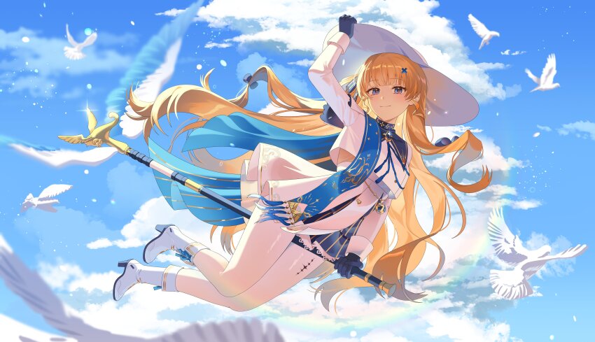 1girl absurdres aete bad_id bad_twitter_id black_bow black_collar black_gloves blonde_hair blue_eyes blue_gemstone blue_sky boots bow closed_mouth collar commentary day gem gloves hair_bow hair_ornament hair_spread_out hat high-waist_skirt high_heel_boots high_heels highres holding holding_staff long_hair long_sleeves looking_at_viewer midair outdoors pantyhose phoebe_(wuthering_waves) shirt skirt sky smile solo staff staff_riding tacet_mark_(wuthering_waves) very_long_hair white_boots white_hat white_pantyhose white_shirt white_skirt wind wuthering_waves x_hair_ornament