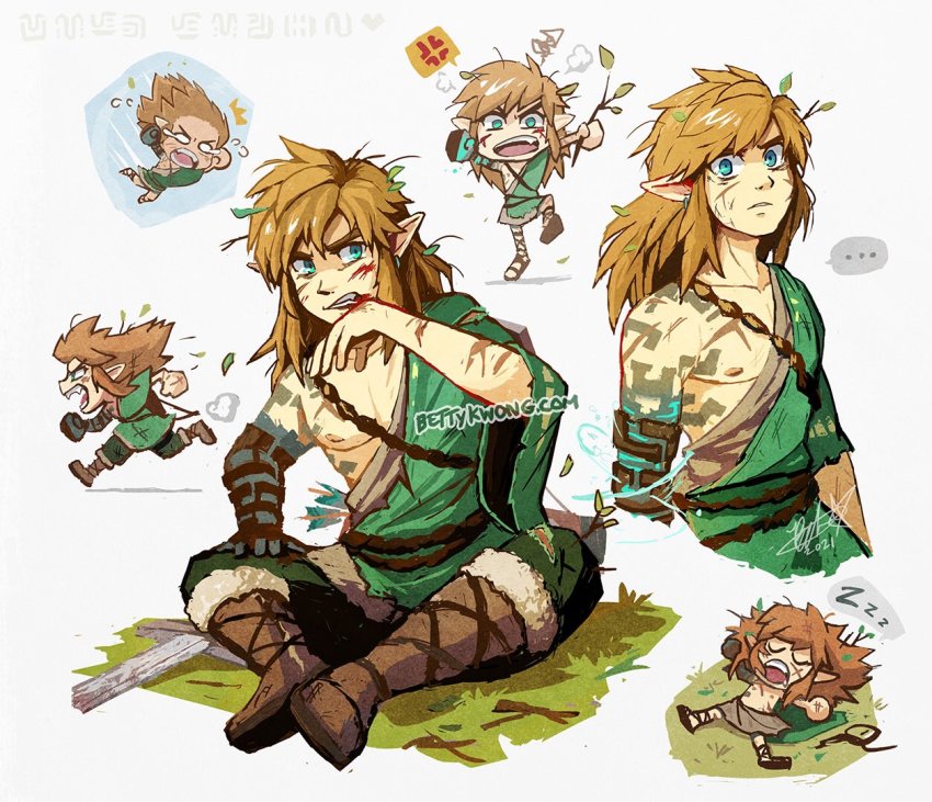 1boy angry archaic_set_(zelda) bettykwong blonde_hair blood blue_eyes boots earrings jewelry leaf link long_hair looking_at_viewer messy_hair nintendo pointy_ears rope_belt scratches shouting single_bare_shoulder sleeping the_legend_of_zelda the_legend_of_zelda:_breath_of_the_wild the_legend_of_zelda:_tears_of_the_kingdom torn_clothes twig zzz