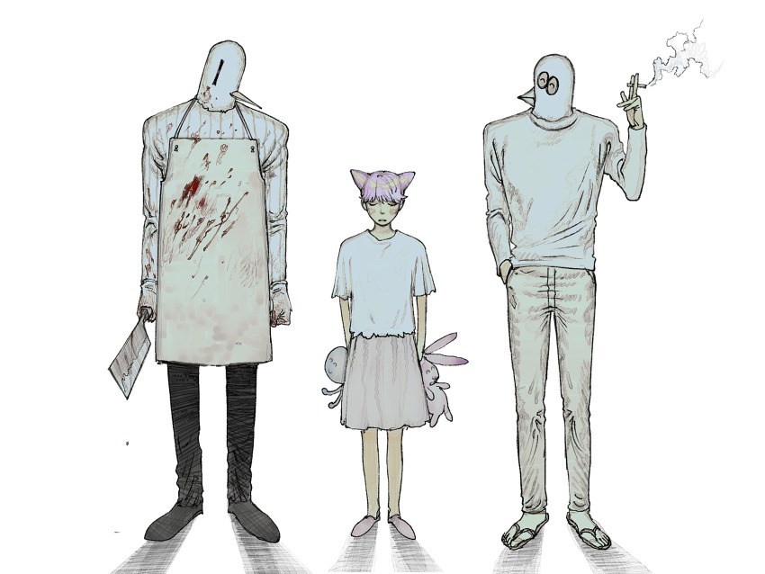 1girl 2boys ^_^ apron arms_at_sides between_fingers bird_mask black_footwear black_pants blood blood_on_clothes blush_stickers brown_pants cigarette cleaver closed_eyes commentary_request cone_hair_bun double_bun dual_persona facing_another facing_viewer frown hacchi&#039;s_mahou_shoujo_minky_pinky hacchi_(napoli_no_otokotachi) hair_bun hand_in_pocket hand_up highres holding holding_cleaver lineup mask multiple_boys napoli_no_otokotachi pants parted_lips pink_hair pink_shoes pink_skirt q-gou_(no_nine_84) ribbed_sweater sandals shadow shoes short_hair short_sleeves simple_background skirt smoke smoke_trail sweater white_background white_sweater