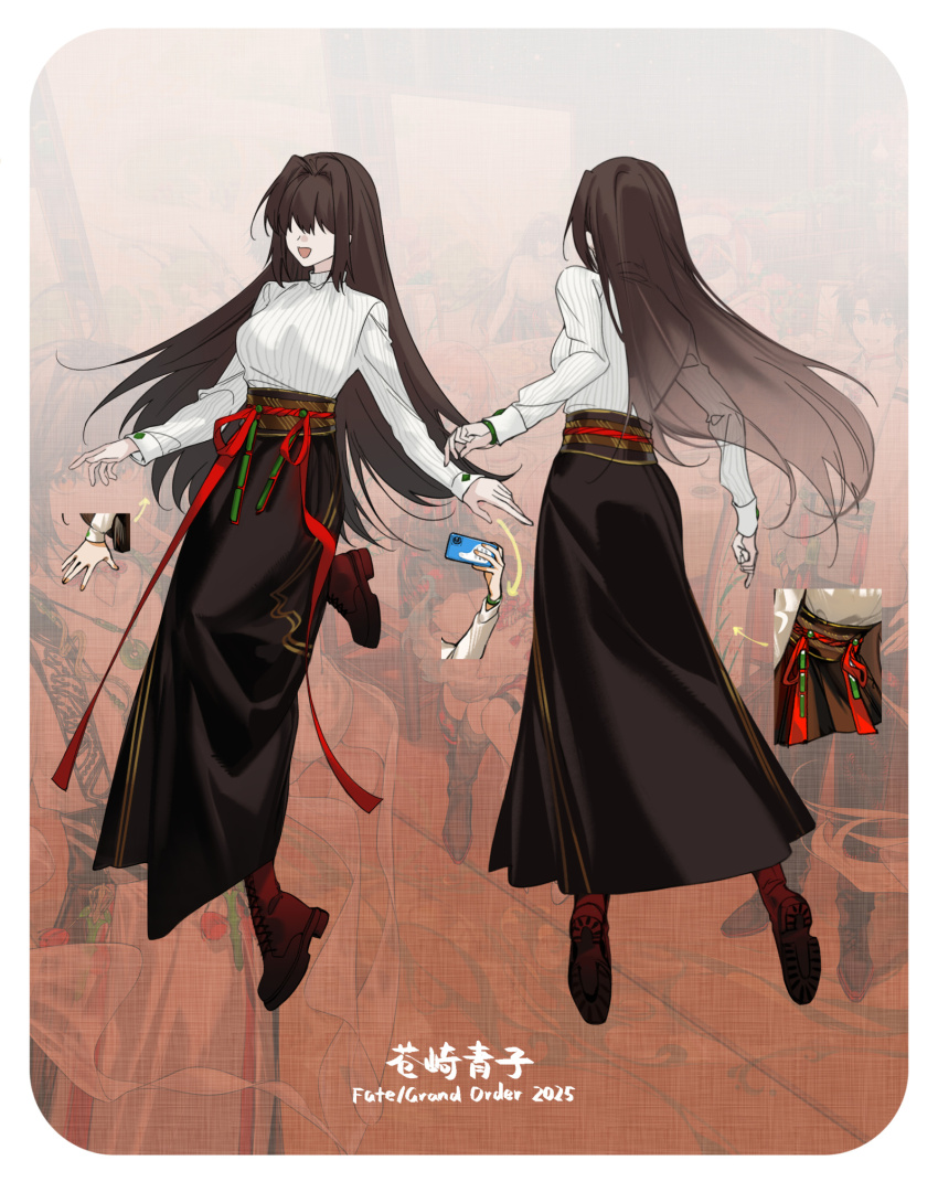 1girl aozaki_aoko arlizi back black_skirt breasts brown_hair reference_sheet fate/grand_order fate_(series) full_body hair_intakes highres large_breasts long_hair long_skirt long_sleeves multiple_views obi sash shirt sidelocks skirt white_shirt