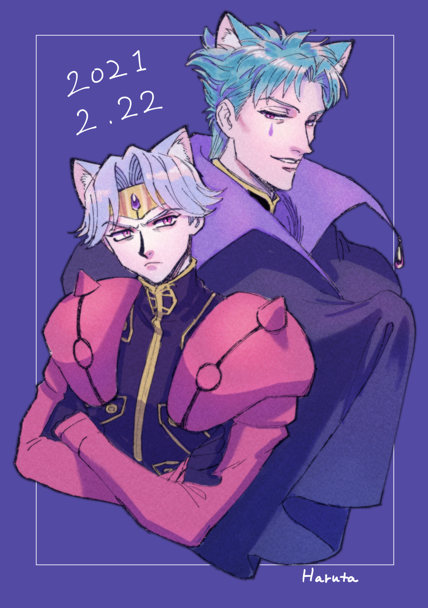 2boys absurdres animal_ears artist_name black_cape blue_hair cape cat_day cat_ears circlet crossed_arms dated dilandau_albatou folken_fanel frown highres male_focus multiple_boys pale_skin purple_background purple_hair red_eyes short_hair simple_background teardrop_facial_mark tenkuu_no_escaflowne tokoharuland_(parfait) upper_body