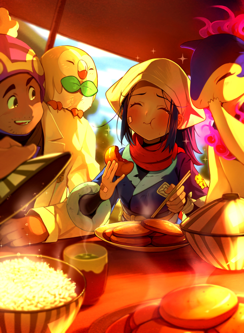 1boy 1girl absurdres akari_(pokemon) blue_hair bowl chopsticks clip_studio_paint_(medium) closed_eyes closed_mouth eating eudetenis galaxy_expedition_team_survey_corps_uniform gen_2_pokemon gen_7_pokemon headscarf highres holding holding_chopsticks professor_laventon long_hair nintendo pokemon pokemon_(creature) pokemon_legends:_arceus red_scarf rice_bowl rowlet scarf tea typhlosion white_headscarf white_headwear