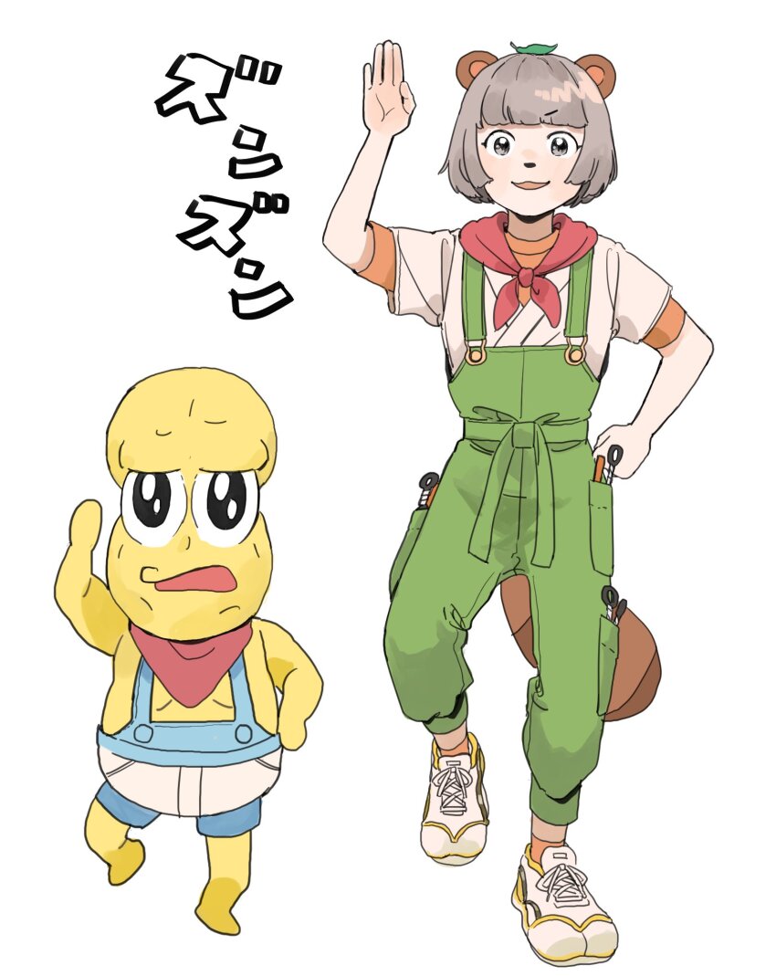 1boy 1girl :3 animal_ears animal_nose bald bandana bandana_around_neck black_eyes blunt_bangs clenched_hand colored_skin full_body green_overalls grey_eyes grey_hair hand_up highres koinko_(hunjinwashow) leaf leaf_on_head looking_at_viewer mode_aim no_shirt object_in_pocket open_mouth orange_shirt overalls peanuts-kun pocket ponpoko_(vtuber) raccoon_ears raccoon_girl raccoon_tail red_bandana shirt shoes short_hair short_sleeves shorts simple_background smile sneakers suspender_shorts suspenders tail translation_request undershirt v-shaped_eyebrows virtual_youtuber walking waving white_background white_footwear white_shirt yellow_skin