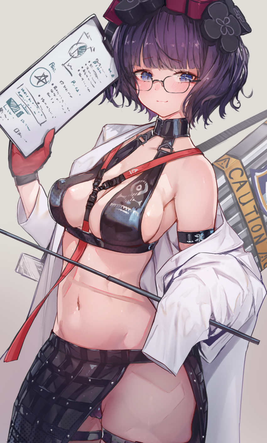 1girl absurdres bare_shoulders bikini black_bikini black_gloves black_skirt breasts cleavage clipboard coat fate/grand_order fate_(series) glasses gloves hair_ornament highres katsushika_hokusai_(9th_anniversary)_(fate) katsushika_hokusai_(fate) long_sleeves looking_at_viewer medium_breasts navel off_shoulder official_alternate_costume pointer purple_eyes purple_hair short_hair skirt smile solo swimsuit ura_illust white_coat