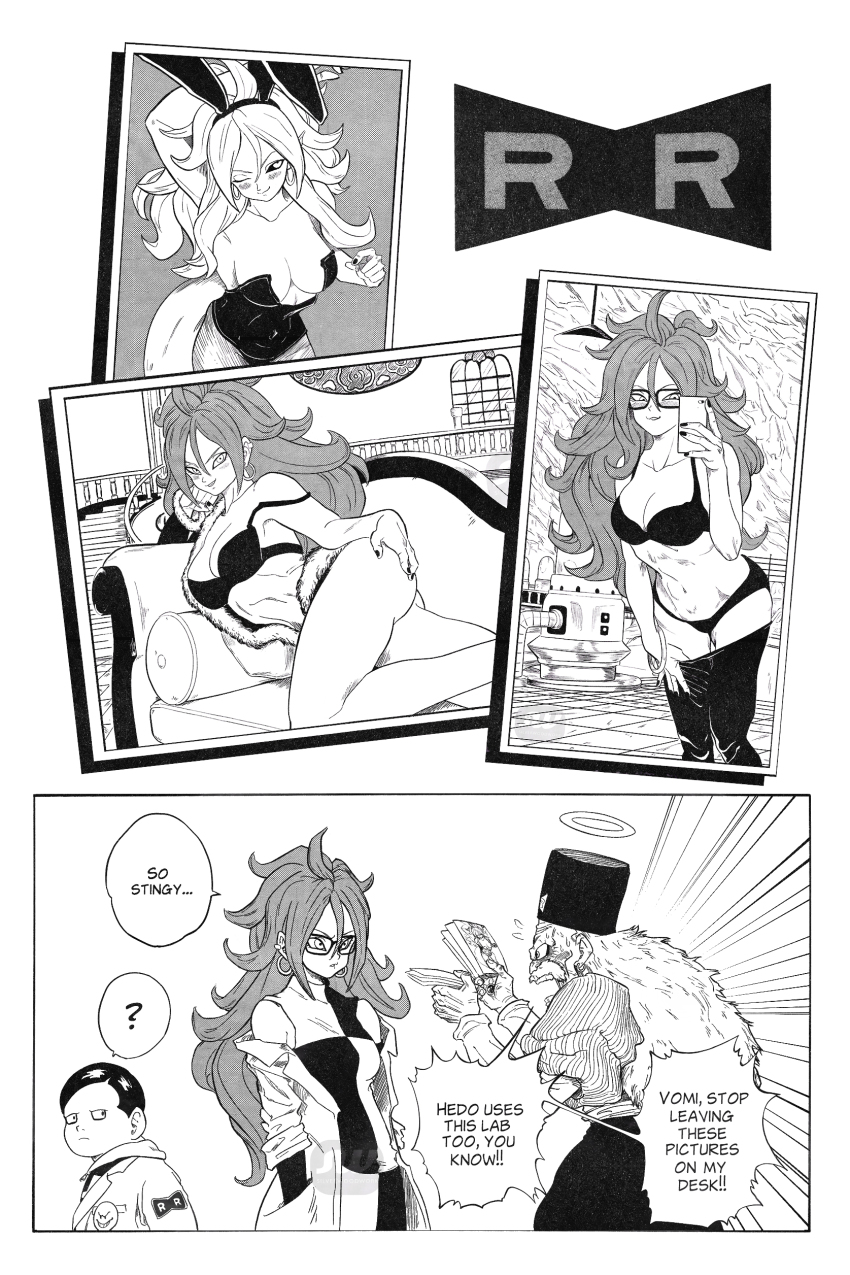 absurdres android_21 animal_ears bare_shoulders black_sclera bra breasts cleavage colored_sclera dr._gero_(dragon_ball) dr._hedo dragon_ball dragon_ball_fighterz dragon_ball_super dragon_ball_super_super_hero dragonball_z earrings fake_animal_ears glasses halo highres hoop_earrings jewelry lab_coat leotard long_hair majin_android_21 medium_breasts monochrome pinup_(style) playboy_bunny rabbit_ears tail underwear vomi_(dragon_ball) white_hair