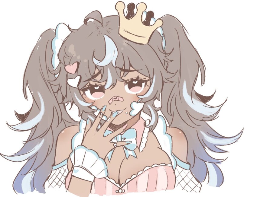 1girl ahoge bandaid bandaid_on_face bandaid_on_nose blue_nails breasts brown_hair cleavage commentary crown dark-skinned_female dark_skin english_commentary grey_hair hair_ornament heart heart_hair_ornament heart_in_eye large_breasts licking_own_finger mini_crown multicolored_hair original pink_eyes pink_nails portrait raised_inner_eyebrows saccharhythm solo streaked_hair symbol_in_eye tilted_headwear twintails two-tone_hair wrist_cuffs