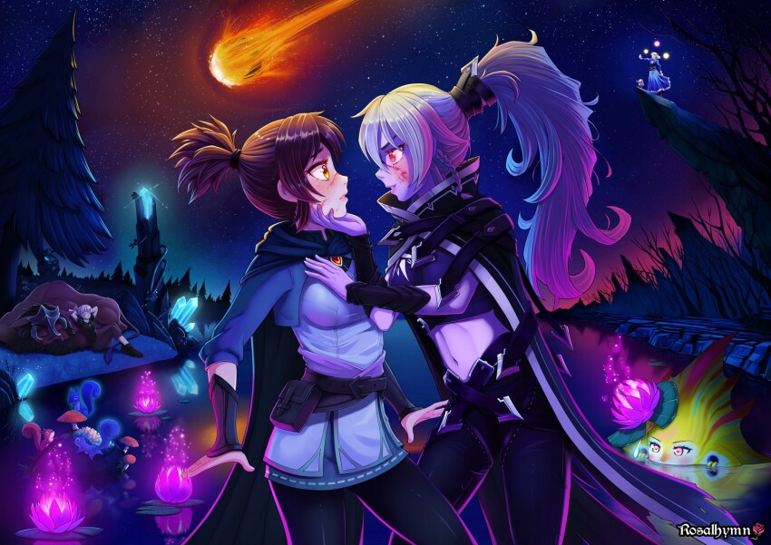 5girls animal arms_behind_head artist_name bare_tree belt belt_pouch black_cloak blood blood_on_face blue_dress blue_jacket bracer breasts brown_eyes brown_hair cape character_request check_spoilers cloak closed_eyes colored_skin commentary creature crop_top crystal dark_elf dota:_dragon&#039;s_blood dota_(series) dota_2 dress drow_ranger_(dota) elf english_commentary flower hand_on_another&#039;s_chest hand_on_another&#039;s_chin helmet highres jacket lily_pad long_hair lotus luna_(dota) magic marci_(dota) meteor midriff multiple_girls mushroom naga_siren_(dota) navel night night_sky outdoors outstretched_arm parted_lips peeking_out pine_tree pointy_ears ponytail pouch purple_skin red_eyes reflection reflective_water river riverbank rosalhymn short_hair sky sleeping sleeping_animal sleeping_on_animal spoilers squirrel standing star_(sky) starry_sky_background stuffed_animal stuffed_toy teeth three-quarter_sleeves tree watching white_hair