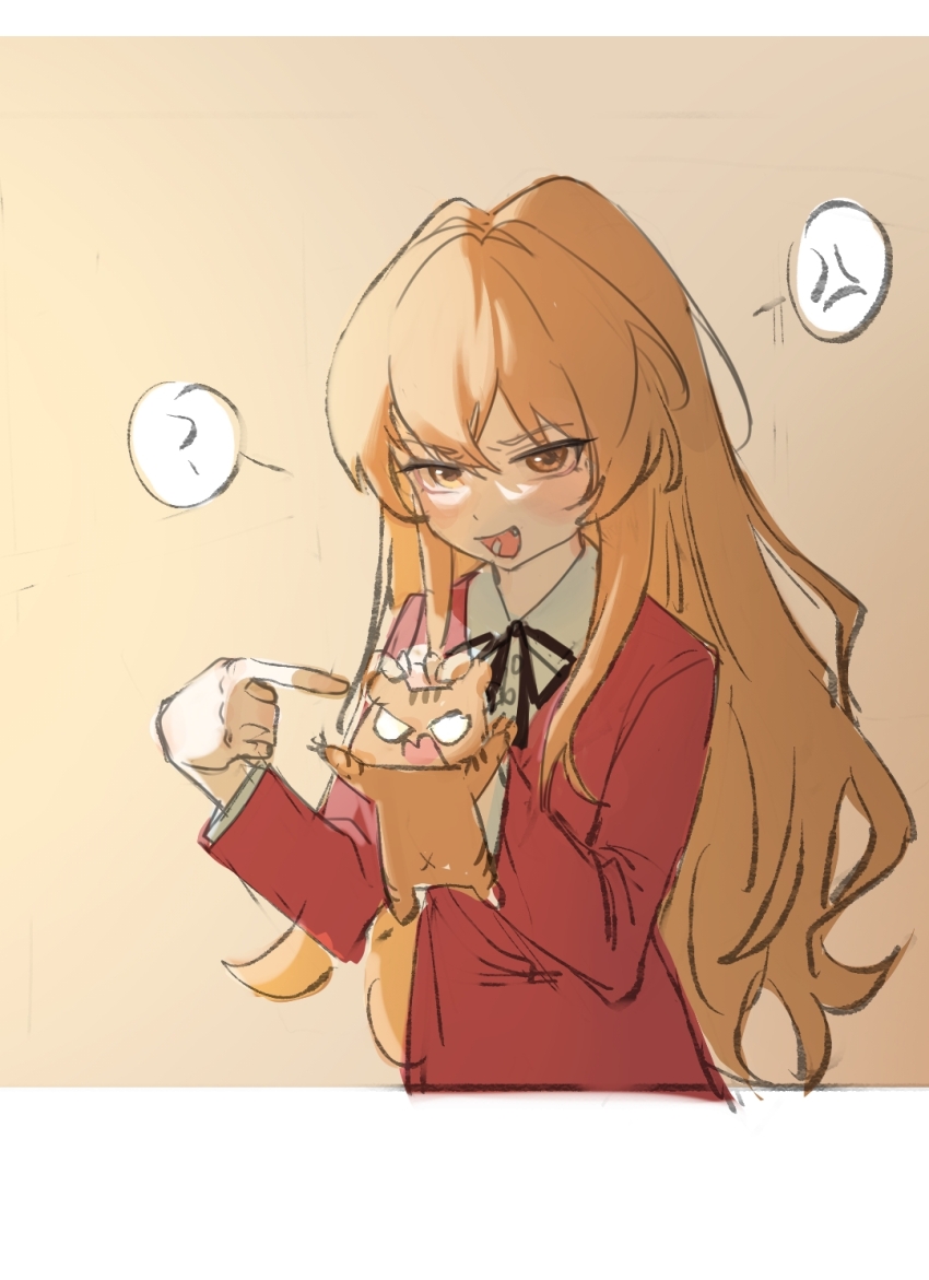1girl ? aisaka_taiga anger_vein animal black_ribbon blazer brown_eyes brown_hair chinese_commentary collared_shirt commentary_request cropped_torso hair_between_eyes highres holding holding_animal jacket karakara_(974070547) letterboxed long_hair long_sleeves looking_at_viewer neck_ribbon oohashi_high_school_uniform open_mouth palmtop_tiger pointing_at_animal red_jacket ribbon school_uniform shirt spoken_anger_vein spoken_question_mark toradora! upper_body white_shirt