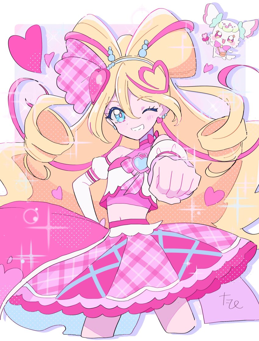 1girl absurdres bare_shoulders blonde_hair blue_eyes border bow bow-shaped_hair bow_choker bowtie bridal_gauntlets brooch bubble choker clenched_hand cropped_legs cross-laced_clothes cross-laced_skirt cure_idol detached_sleeves dot_nose eyelashes grin hair_between_eyes hair_bobbles hair_bow hair_ornament hair_ribbon hairband hairclip halftone halter_shirt halterneck hand_on_own_hip happy heart heart_brooch heart_hair_ornament highres incoming_fist_bump jewelry kimi_to_idol_precure layered_shirt layered_skirt legs_apart light_blush long_hair long_sleeves looking_at_viewer magical_girl midriff miniskirt navel one_eye_closed outside_border outstretched_arm pink_background pink_bow pink_bowtie pink_bridal_gauntlets pink_choker pink_pupils pink_ribbon pink_shirt pink_skirt plaid_bow plaid_bowtie plaid_clothes plaid_skirt precure puffy_short_sleeves puffy_sleeves purirun_(precure) ribbon ringlets sakura_uta_(precure) shirt short_sleeves skirt skirt_set smile solo sparkle standing tapi_(pnkt_yksb) thighs very_long_hair white_border white_hairband white_shirt white_sleeves